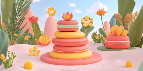Stack of Colorful Macarons in a Spring Garden Setting