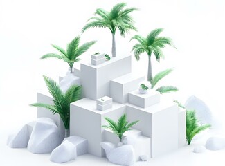 Fototapeta premium Minimalist 3D Render of Palm Trees and White Cubes on a White Background