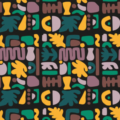 Fototapeta premium Seamless hand drawn colorful geometric pattern on black background for kids. School concept