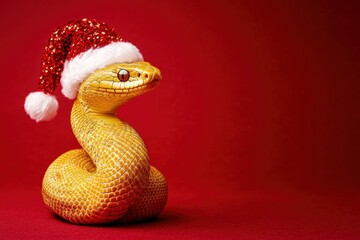 Fototapeta premium A yellow snake wearing a Santa hat