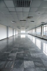 Empty Office Room With Grey Tile Floor And Windows