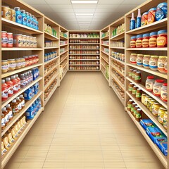 Empty Grocery Store Aisle with Shelves Full of Products
