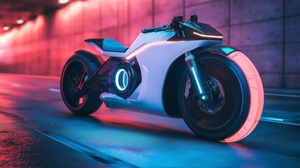 Obraz premium Futuristic white motorcycle with neon lights parked in a tunnel.