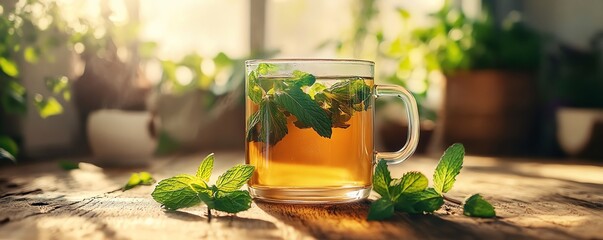Warm cup of peppermint tea with fresh leaves, set on a natural wood table with a calming background, herbal drink, relaxing and cooling