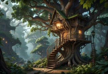 Fototapeta premium A towering tree with a spiral staircase carved into its trunk, leading up to a cozy treehouse nestled among the branches, with a view of the entire enchanted forest