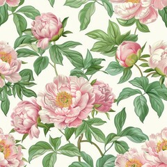 Seamless design of peony blossoms in soft pinks and lush greens, whimsical and charming floral pattern
