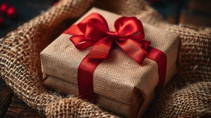 A beautifully wrapped gift with a red ribbon resting on rustic burlap, perfect for festive celebrations during the holiday season