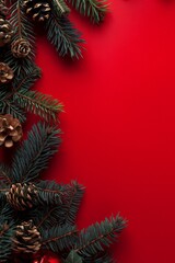 Christmas tree branches with pine cones on red background  
