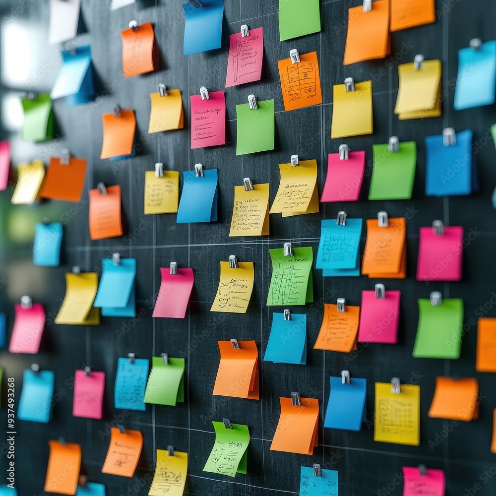 Poster colorful sticky notes on a blackboard in an office representing a brainstorming session