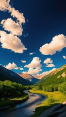 Obraz premium A serene landscape featuring a winding river, lush greenery, and dramatic clouds above mountains.