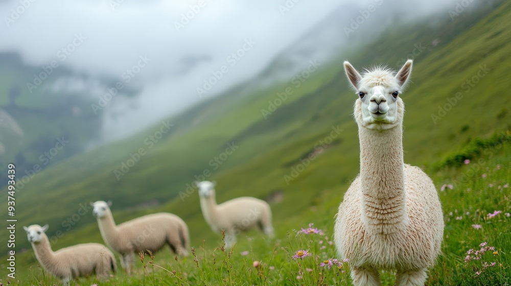 Poster a group of alpaca are standing in a grassy field. one of the llamas is looking directly at the camer