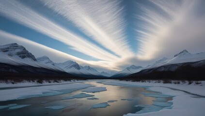 A serene winter landscape featuring mountains, a river, and dramatic cloud formations.