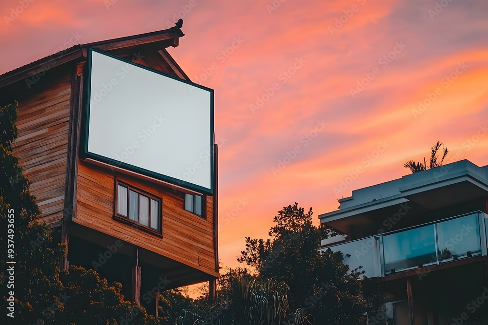 Sticker Blank Billboard Sign On Wooden House At Sunset