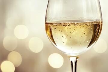 Elegant close-up of a glass filled with sparkling white wine, capturing golden bubbles against a soft, bokeh background.