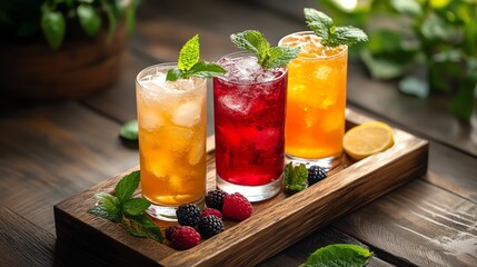 A trio of drinks berry juice, lemonlime soda, and sparkling water with ice, served on a wooden tray, juice soda water, variety and refreshment