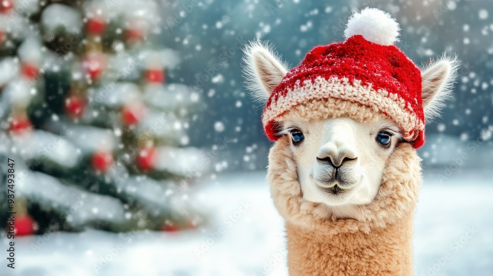Poster an alpaca wearing a red hat and standing in front of a christmas tree. the llama is smiling and he i