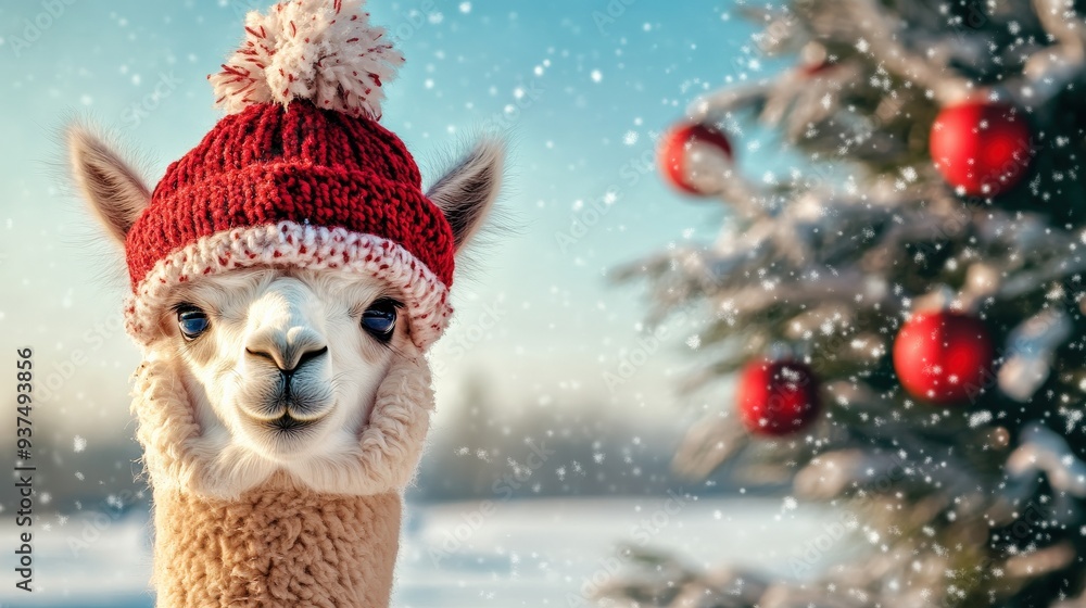Poster an alpaca wearing a red hat and standing in front of a christmas tree. the llama is smiling and he i