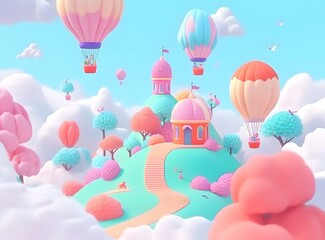 Fantasy World with Hot Air Balloons, Clouds, and Houses
