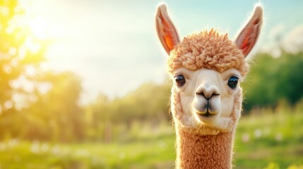 Obraz premium An alpaca with a big brown nose and big brown ears. It is looking at the camera