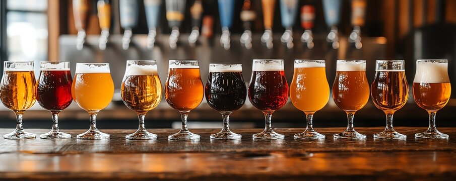 Assorted craft beers in unique glassware, arranged on a wooden bar with brewery equipment in the background, beer tasting experience, diverse and artisanal - Powered by Adobe