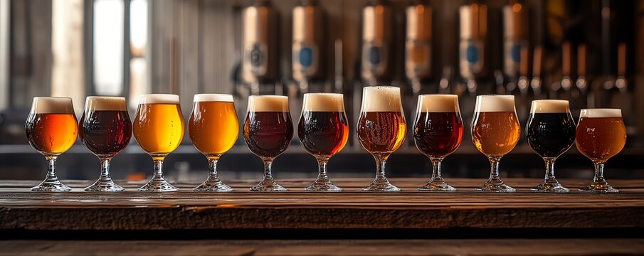 Assorted craft beers in unique glassware, arranged on a wooden bar with brewery equipment in the background, beer tasting experience, diverse and artisanal