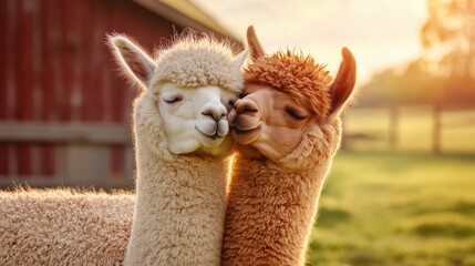Obraz premium Two alpaca are standing next to each other, one of which is brown and the other is white