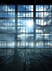 Large Window View of a Cityscape with Sunbeams