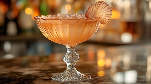 Cocktail served in a handblown glass shaped like a seashell, beachside bar setting, unique cocktail, tropical and artistic