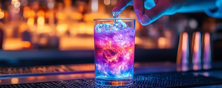 Colorchanging cocktail in a clear glass, with the bartender adding a final touch that alters the hue, unique cocktail, interactive and innovative