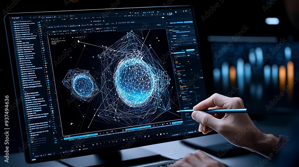 Poster close-up of a professional using a digital pen on a graphic tablet to create intricate image generat