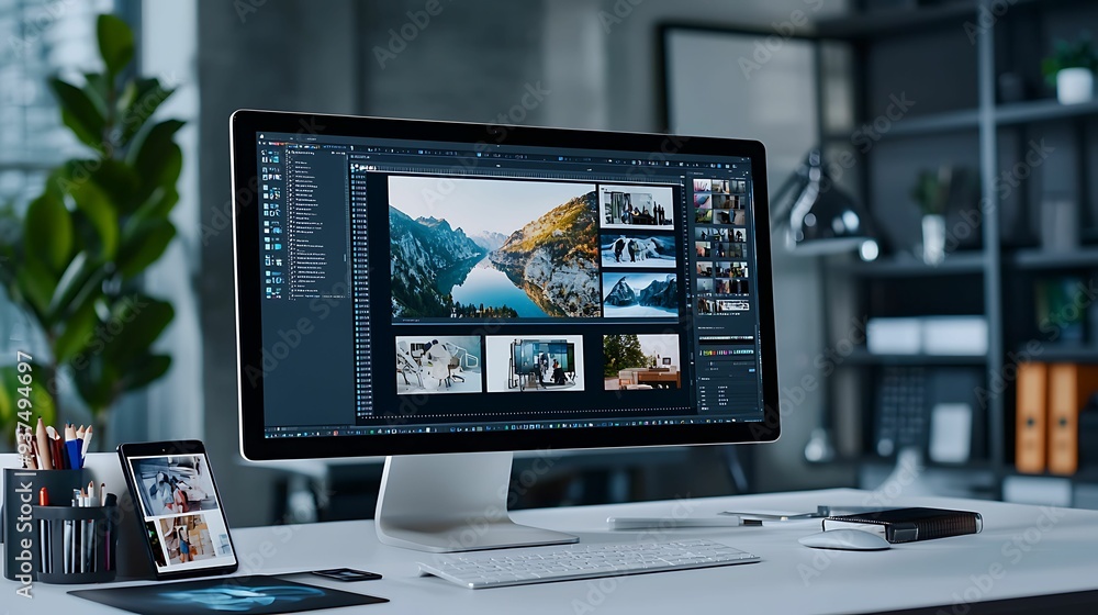 Poster a digital artist's desk with ai software enhancing a photograph in real-time, blending image generat