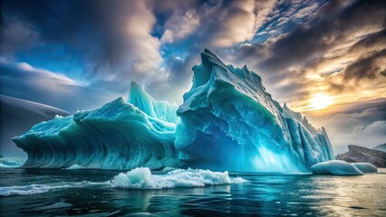 frosty crystalline iceberg low angle shot morning misty atmosphere glacial monumentalism turquoise frozen landscape photography dramatic ocean waves