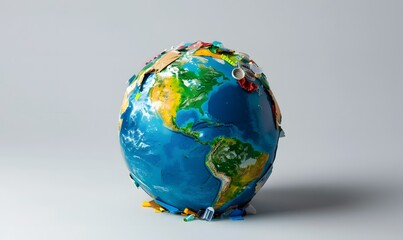Fototapeta premium A globe of the earth with trash over white background, the concept of ecology problem and World Environment Day. Photo with message for social advertising, place for inscription