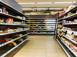 Fototapeta premium Supermarket Aisle With Shelves Full of Food Products