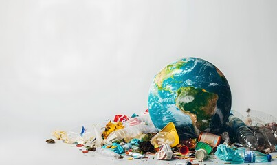 Naklejka premium A globe of the earth with trash over white background, the concept of ecology problem and World Environment Day. Photo with message for social advertising, place for inscription