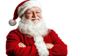 studio portrait of santa clause standing with his arms folded across his chest
