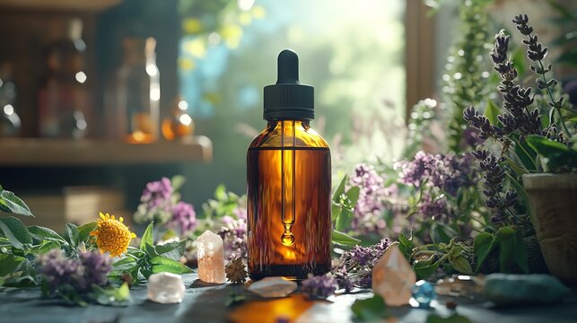 Herbal elixir in a glass bottle with a dropper, surrounded by fresh herbs and crystals, herbal wellness, holistic and healing