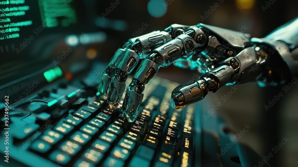 Aufkleber robotic hand typing on futuristic keyboard in cyberpunk setting