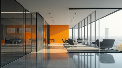 Sleek, modern office setting with ample natural light from panoramic windows. Glass partitions divide the space while vibrant orange accents add a touch of warmth to the gray-toned interior. 