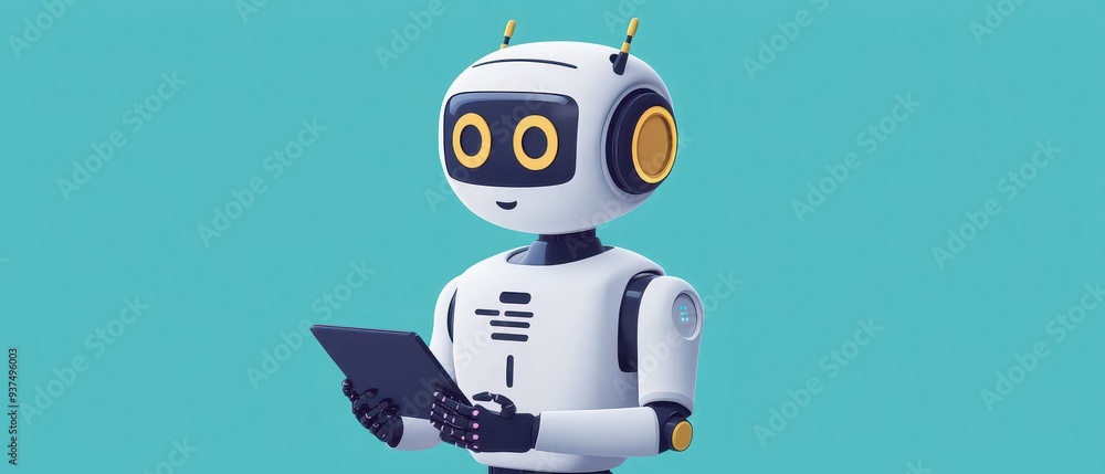 Poster friendly robot with tablet exploring the digital world