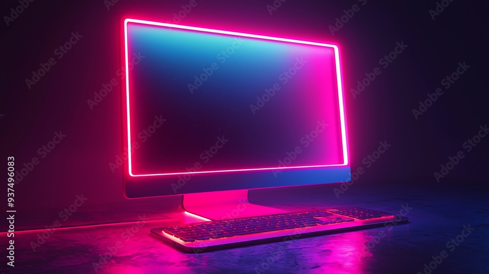 Poster neon computer setup with pink and blue lights, blending the sleek design of modern technology with v