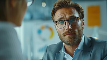 Client Consultation: The financial advisor, in a sleek grey suit, meets with a client in a bright office, discussing investment options using clear charts and graphs, his tone calm and reassuring.
