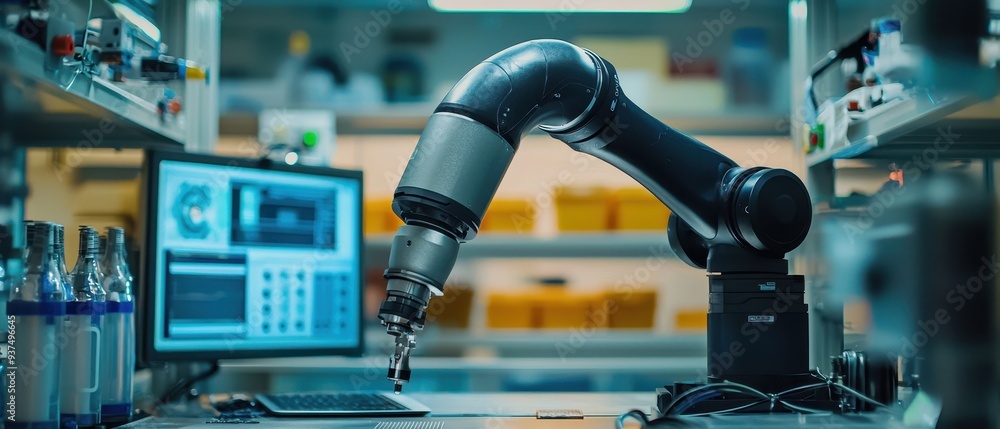 Poster robotic arm in a high-tech laboratory setting