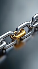 Obraz premium Shiny silver chain with one golden link symbolizing strong leadership, contrasting metal links, representing strength and unity in leadership