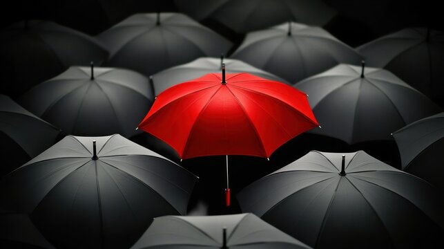 Red umbrella standing out among gray umbrellas highlighting individuality and strong leadership, crowded area, business concept