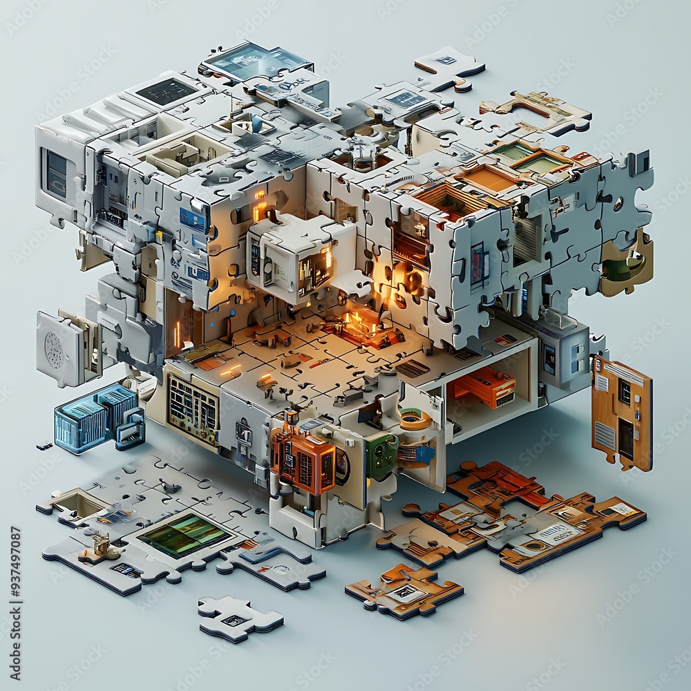Poster 3d puzzle structure abstract design, modern architecture, interlocking pieces, innovative design, bl