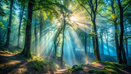 Obraz premium Transparent water veils misty forest, sunlight filtering through trees creates dappled patterns, steamy veil rises, casting golden light on textures and shadows.
