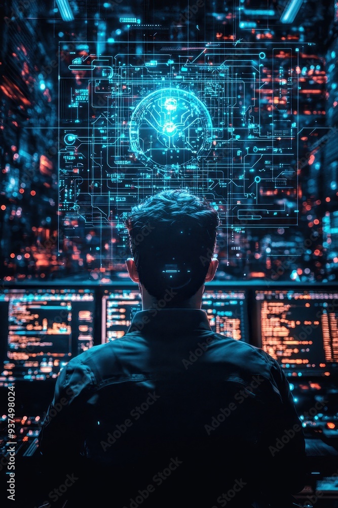 Poster futuristic hacker in a cyber landscape with brain hologram
