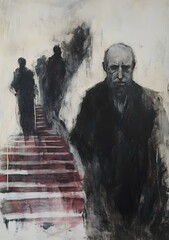A Man Standing on Stairs with Shadows in the Background