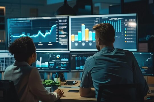 Finance meeting for profit with diverse team analyzing data.